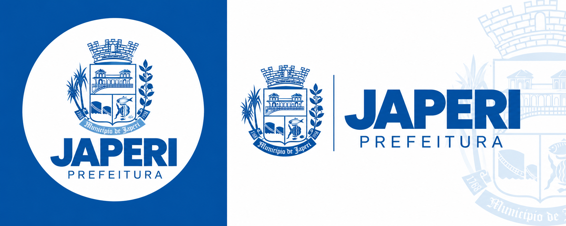 Prancha enviada: assinatura circular e assinatura horizontal de Japeri em azul sobre branco