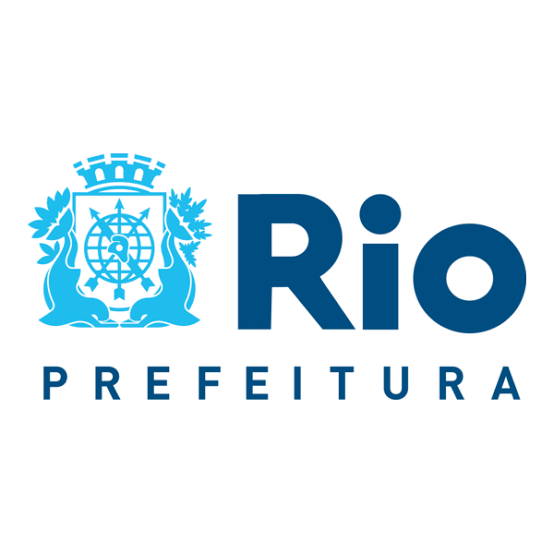 Marca da Prefeitura do Rio sobre branco: brasão azul claro, Rio e Prefeitura em azul escuro