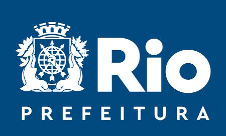 Marca horizontal da Prefeitura do Rio: brasão e Rio em branco sobre azul, com Prefeitura abaixo