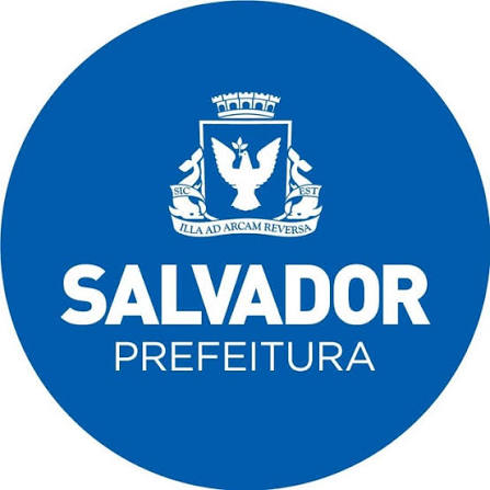 Marca circular da Prefeitura de Salvador: brasão e nome em branco sobre círculo azul