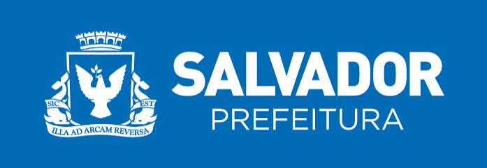 Marca horizontal da Prefeitura de Salvador: brasão à esquerda e nome à direita, em branco sobre azul