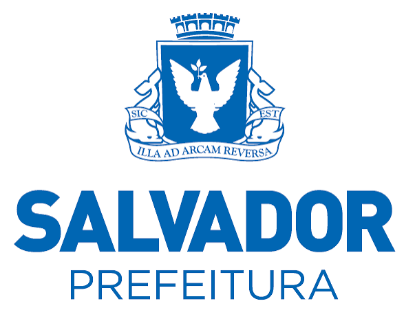 Marca vertical da Prefeitura de Salvador: brasão acima do nome, em azul sobre branco